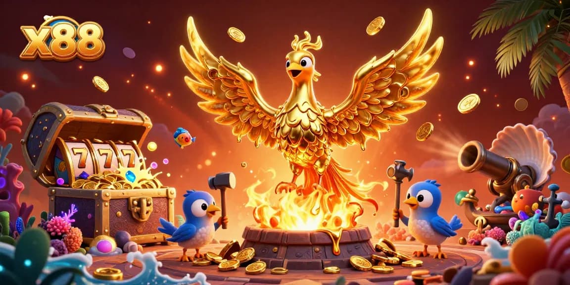 x88 players enjoy a dynamic casino atmosphere with a molten phoenix and treasure amidst floating slot reels.