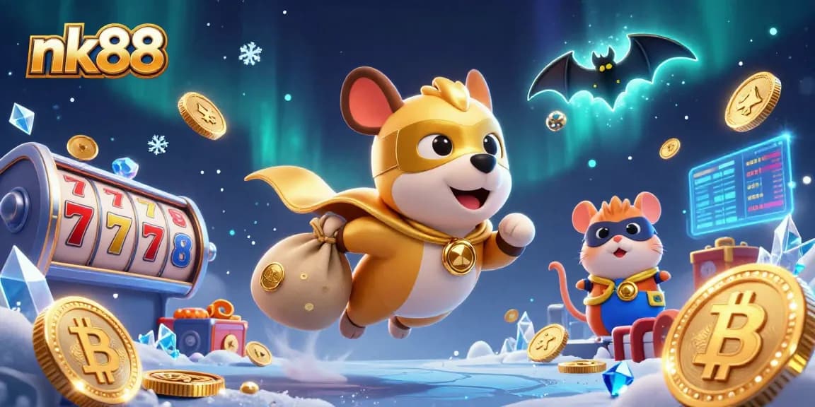 Experience the thrill of nk88 with dynamic gaming action featuring a superhero dog and hamster illustration.