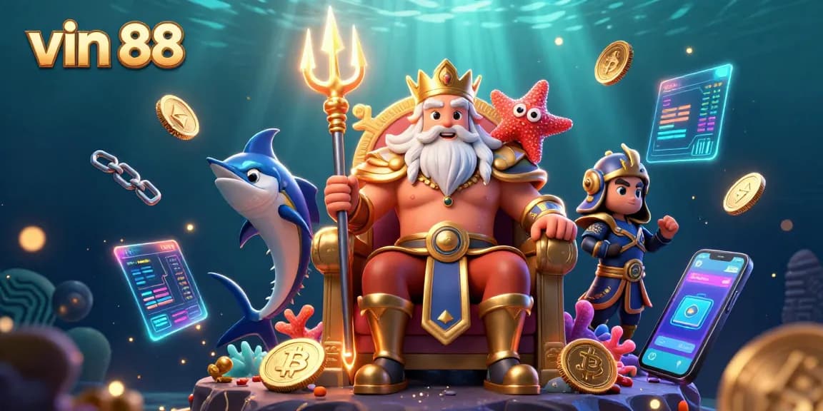 Engage in thrilling gameplay with vin 88, featuring Neptune and crypto elements in a vibrant casino scene.