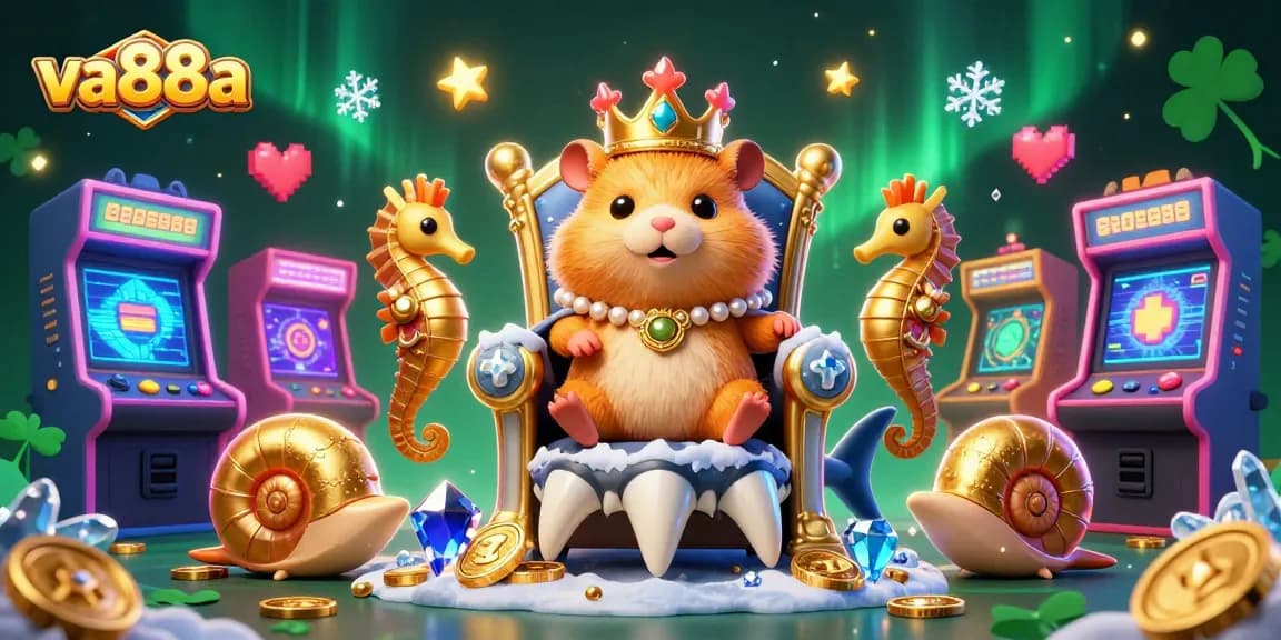 Play exciting games with va88a's golden hamster king and vibrant casino elements in a spectacular 3D illustration.