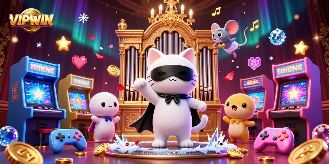 Win big with VIPWIN's vibrant gaming experience featuring a whimsical casino scene.