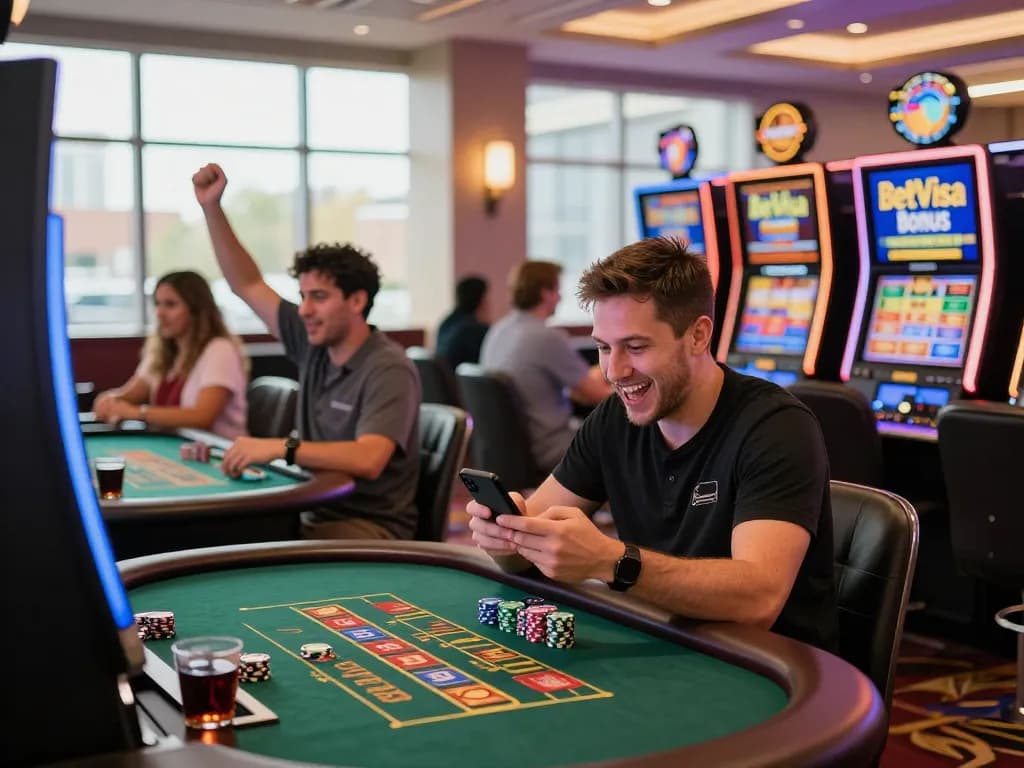 Players enjoying BetVisa bonus promotions at a lively casino with vibrant atmosphere.