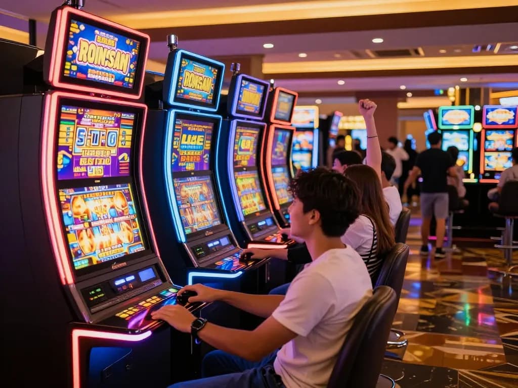 Engaging moment at Slot Terpercaa area with players celebrating wins on colorful machines.
