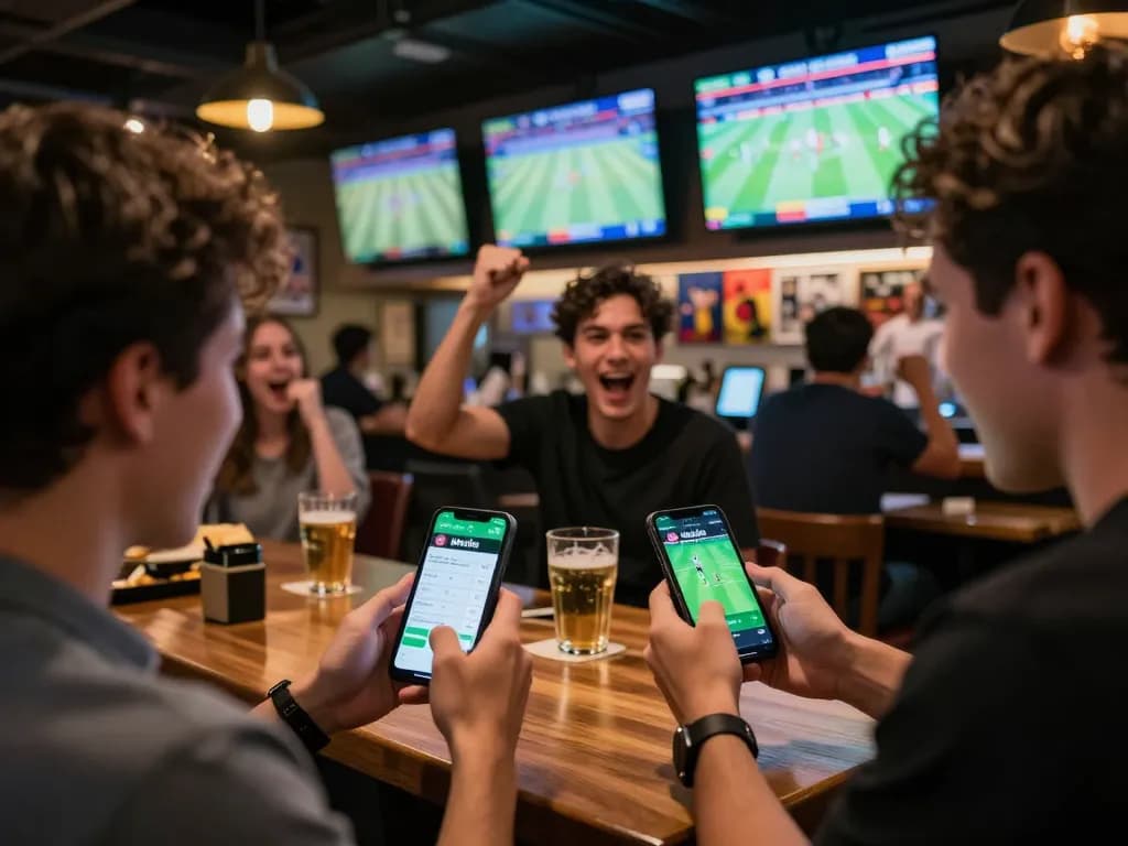 Kèo nhà cái updates on smartphone during exciting sports betting scene in lively bar with friends cheering.