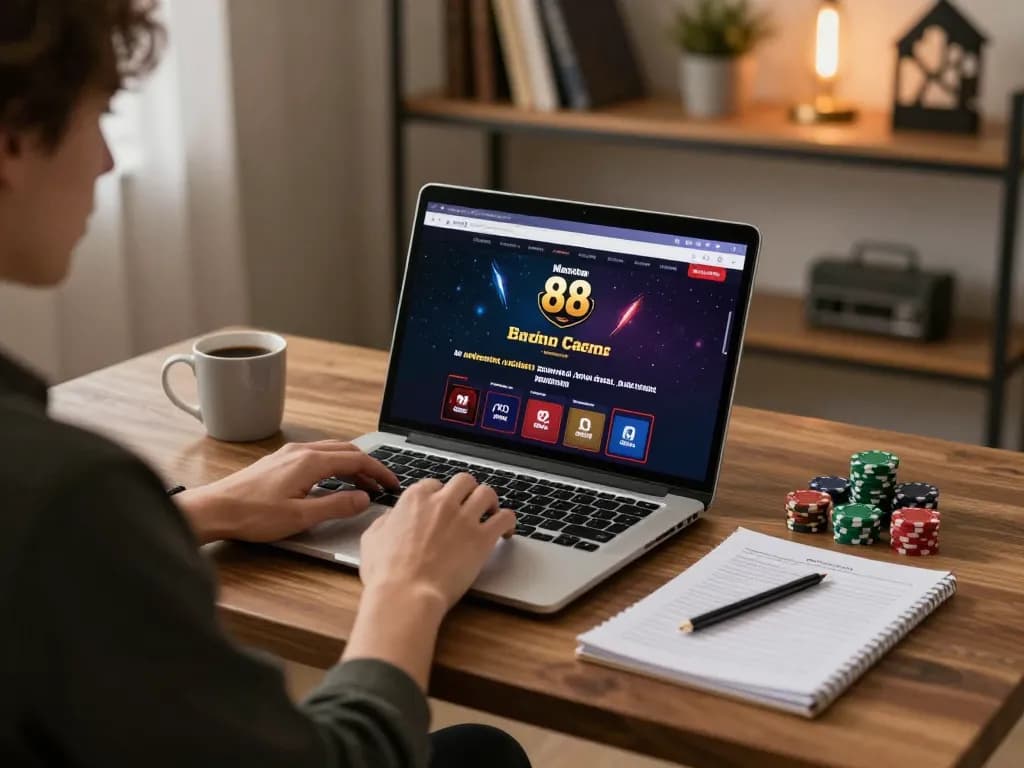 Engaging player using mantra88 online casino interface on laptop, strategic poker setup.