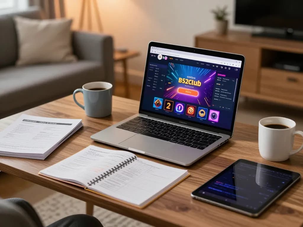 B52club player engaging in online gaming strategy at a modern home desk