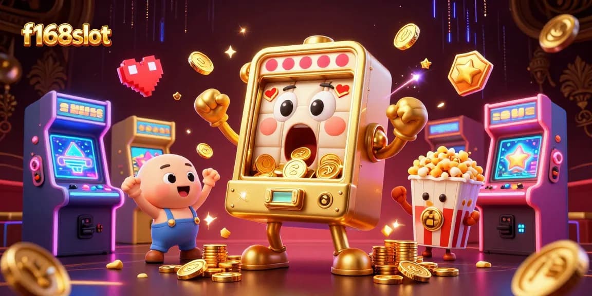 Experience f168slot as a vibrant slot machine hits a jackpot surrounded by cheering characters and dynamic elements.