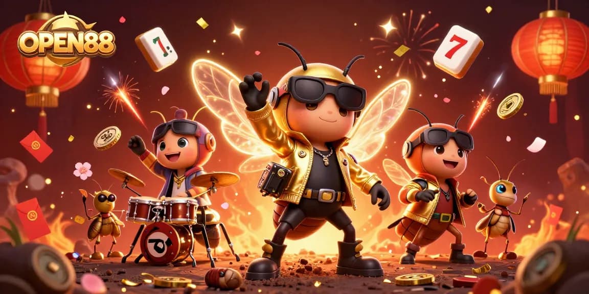 Interact with exciting games at OPEN88, featuring a vibrant casino celebration illustration.