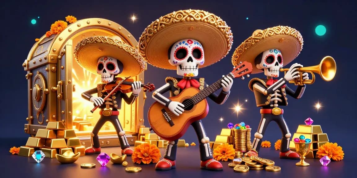 Experience thrilling gaming at 8Day casino with colorful mariachi characters amidst sparkling treasures.