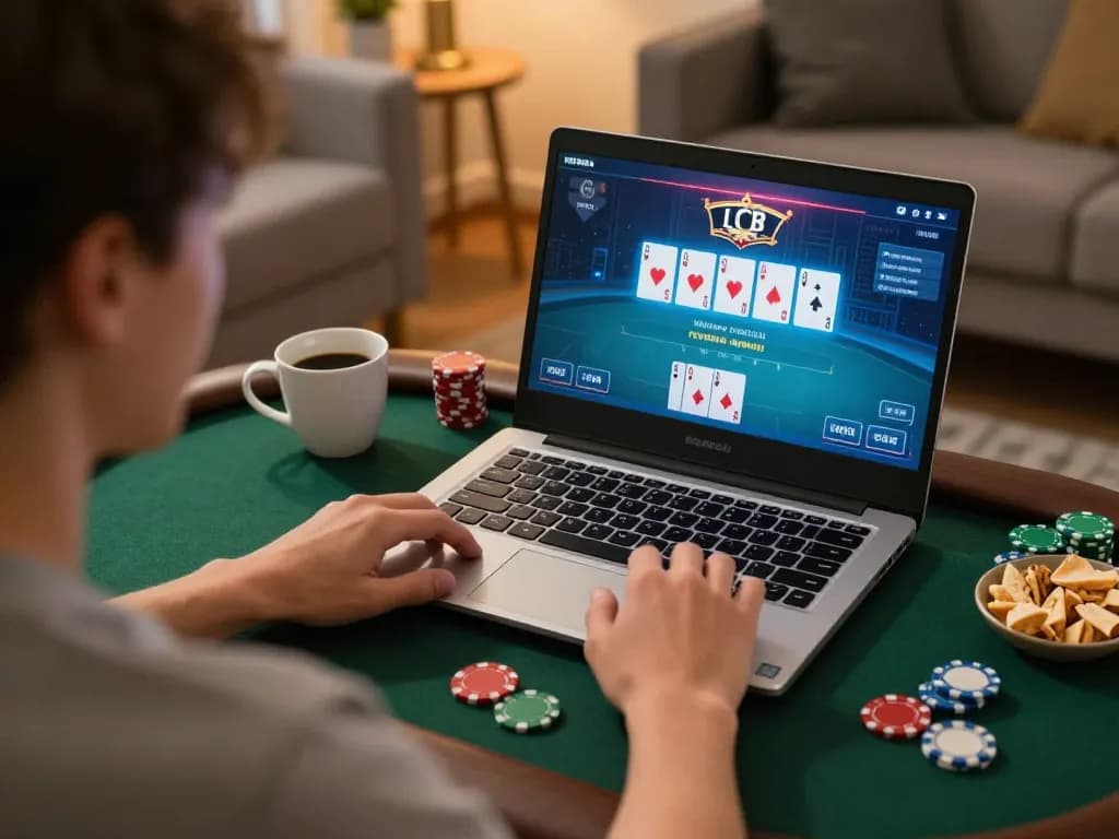 MM88 player analyzing poker strategy during an engaging online session, cozy home setting