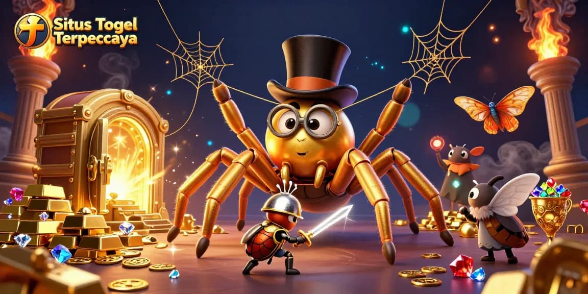 Situs Togel Terpercaya showcases a dynamic scene with a golden tarantula and brave knight amidst glimmering treasures.
