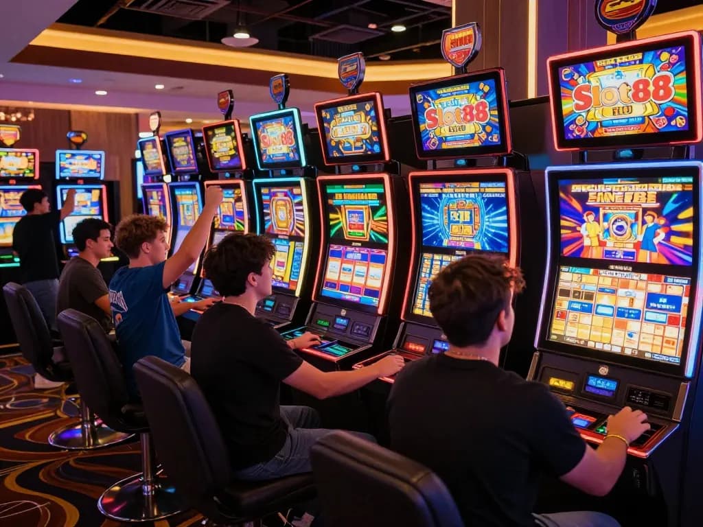 Players enjoying Slot88 gaming machines with vibrant displays and celebratory atmosphere.