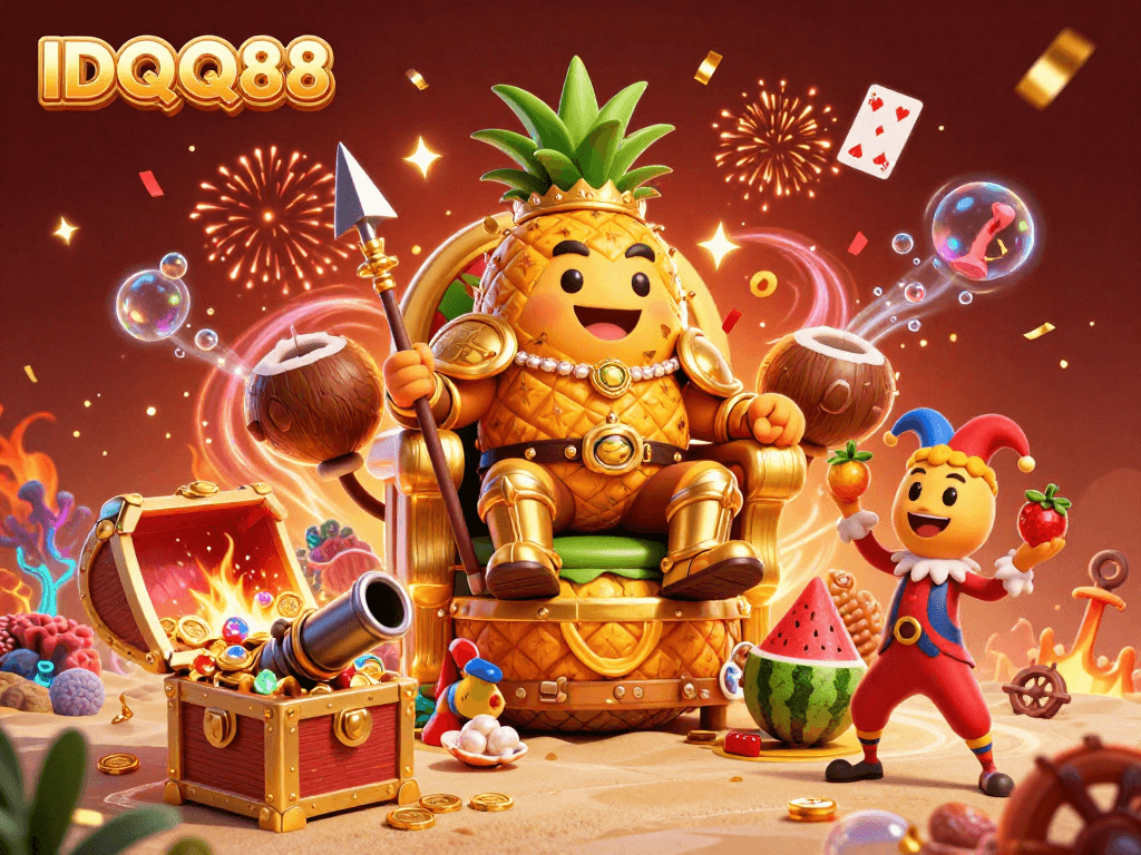 Engage with IDQQ88's thrilling casino adventure featuring a vibrant golden pineapple king on a beach.