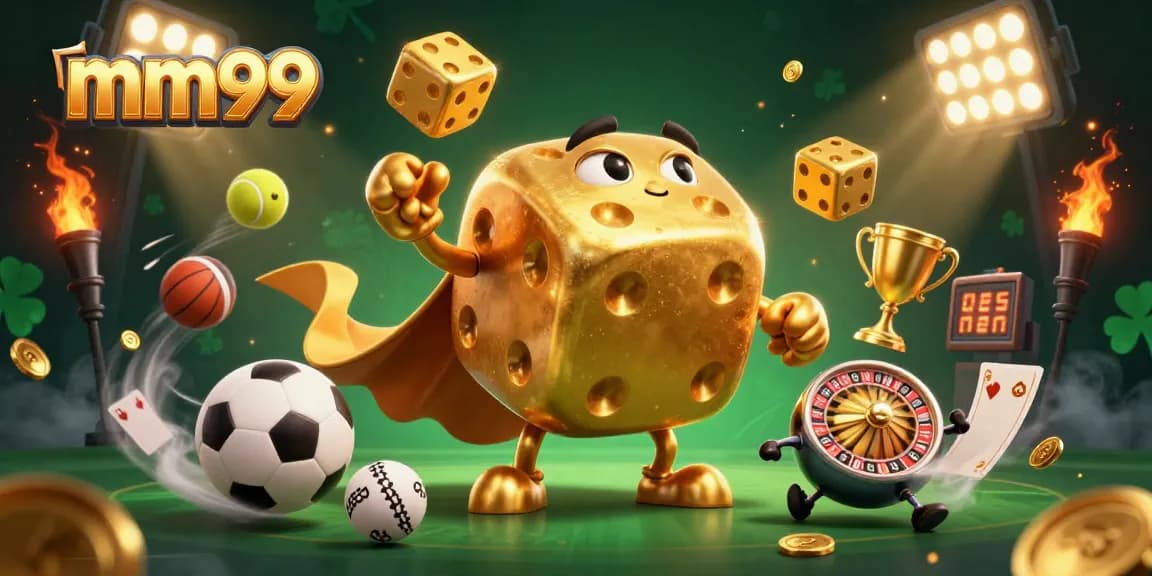 Engage in thrilling sports betting adventures with mm99 featuring golden dice, sports balls, and trophies.