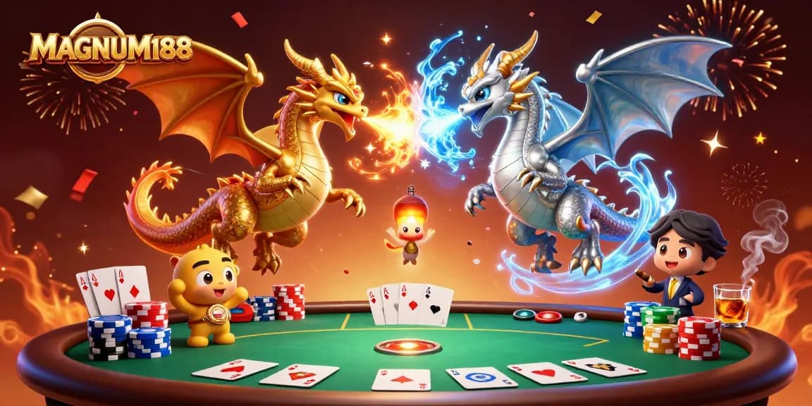 Experience magical gameplay with MAGNUM188, as dragons duel over a poker table amidst vibrant casino celebrations.