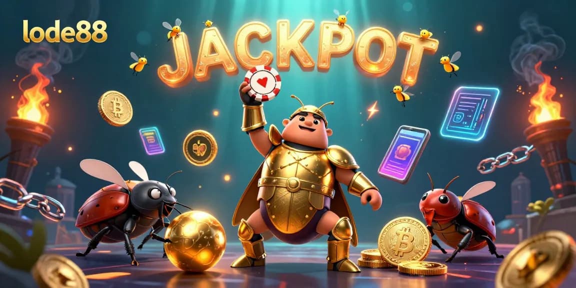 Experience the thrill of lode88 with a victorious hercules beetle holding a poker chip amidst dazzling crypto elements.