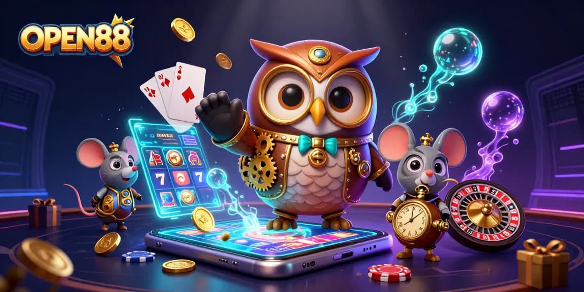 Experience thrilling gameplay at OPEN88 with a steampunk owl, dynamic slot games, and rich casino visuals.