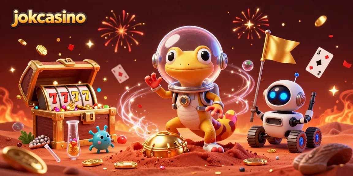 Experience thrilling gaming at jokacasino with a vibrant Martian gecko and treasure-filled scene.