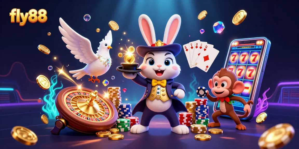Experience thrilling gaming with fly88, featuring a magician rabbit, vibrant chips, and sparkling coins.