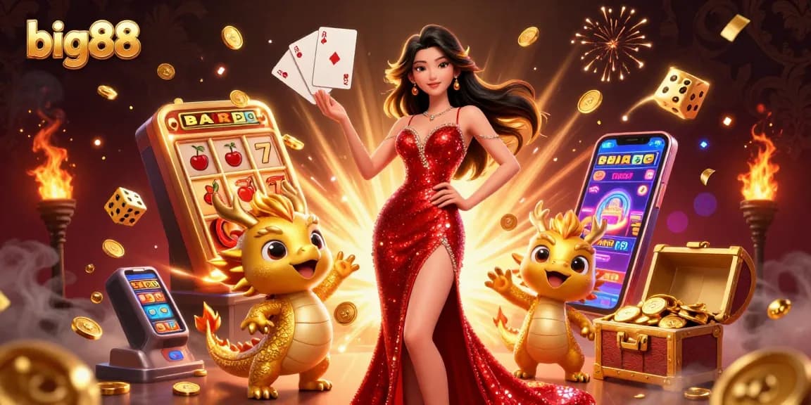 Experience the thrill of big88 as the stunning Asian woman welcomes you to a vibrant casino atmosphere.