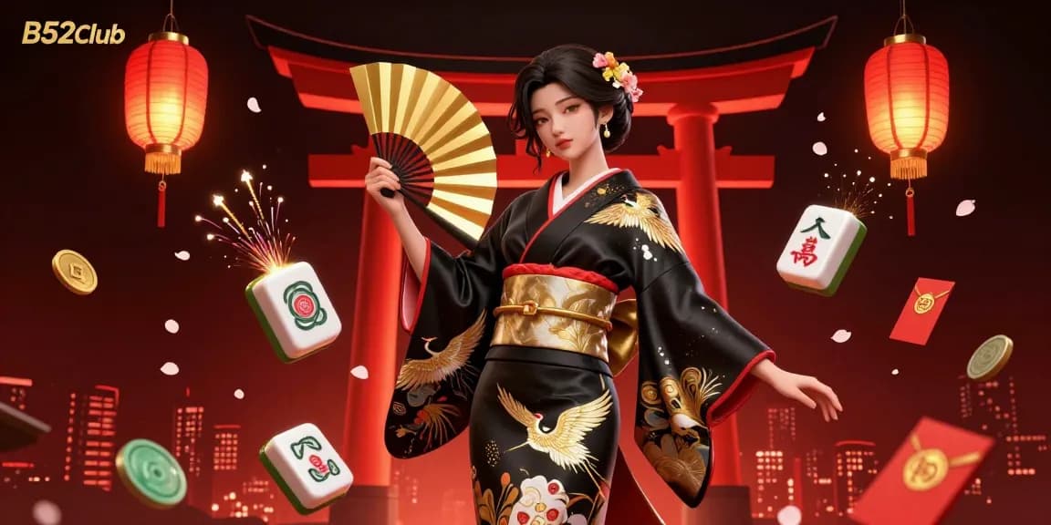 B52Club offers an exciting online gaming experience featuring a stunning illustration of an elegant Asian woman amid dynamic casino elements.