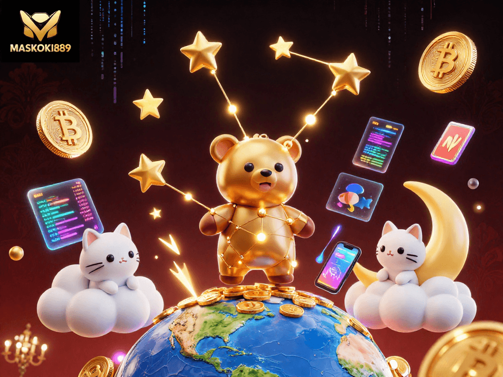 Experience winning moments with MASKOKI889's cosmic casino adventure, featuring vibrant 3D elements.