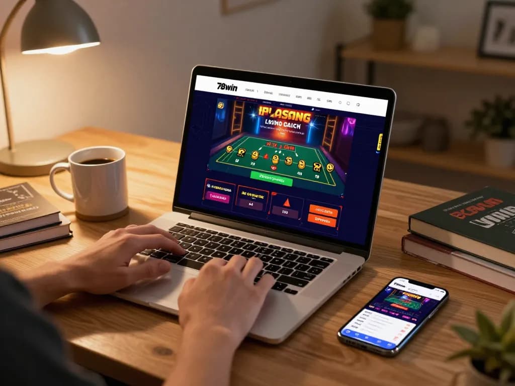 Engaged player enjoying the 78win online casino platform, showcasing a cozy gaming setup.