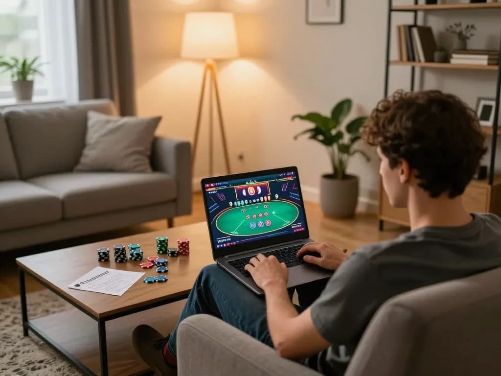 Enjoying rokok88 login with an engaging online poker game setup at home.