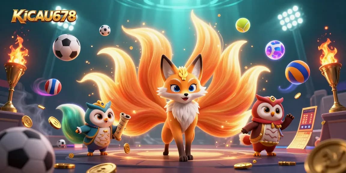 KICAU678 presents an engaging 3D illustration of a nine-tailed fox, sports elements, and vibrant ambient effects.