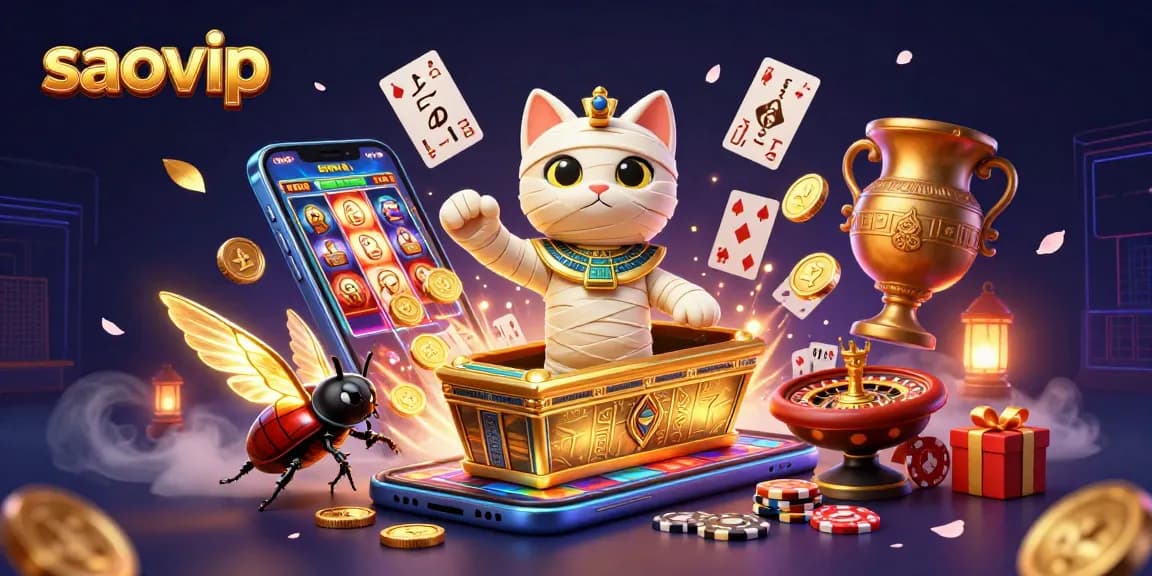 Play exciting games at saovip featuring a mummy cat and a scarab beetle in a vibrant casino scene.