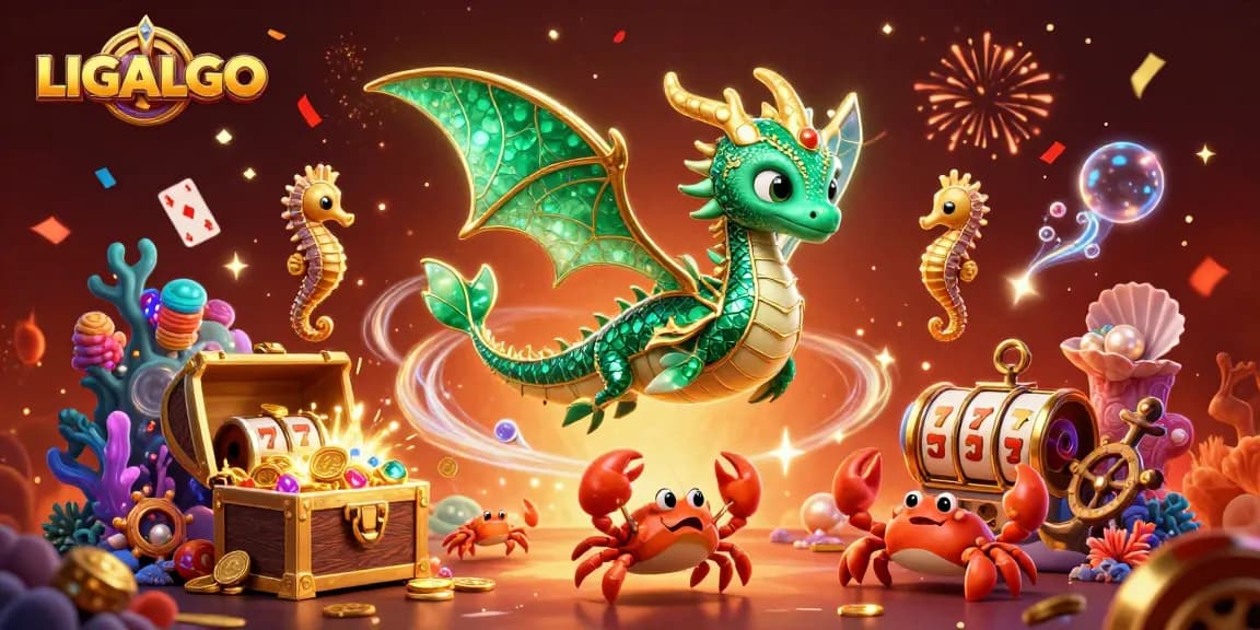 LIGALGO showcases a vibrant underwater scene with a sea dragon and rich gaming elements, enhancing excitement.