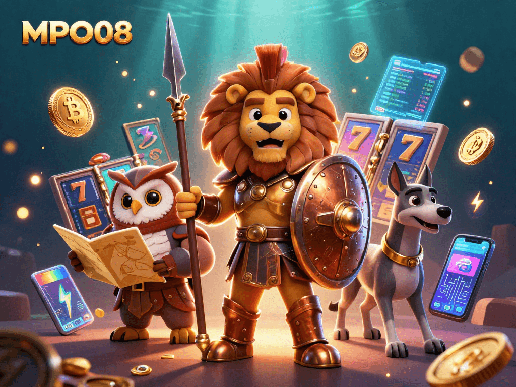 MPO08 enhances gaming with a vibrant scene featuring a Spartan lion, owl strategist, and greyhound messenger.