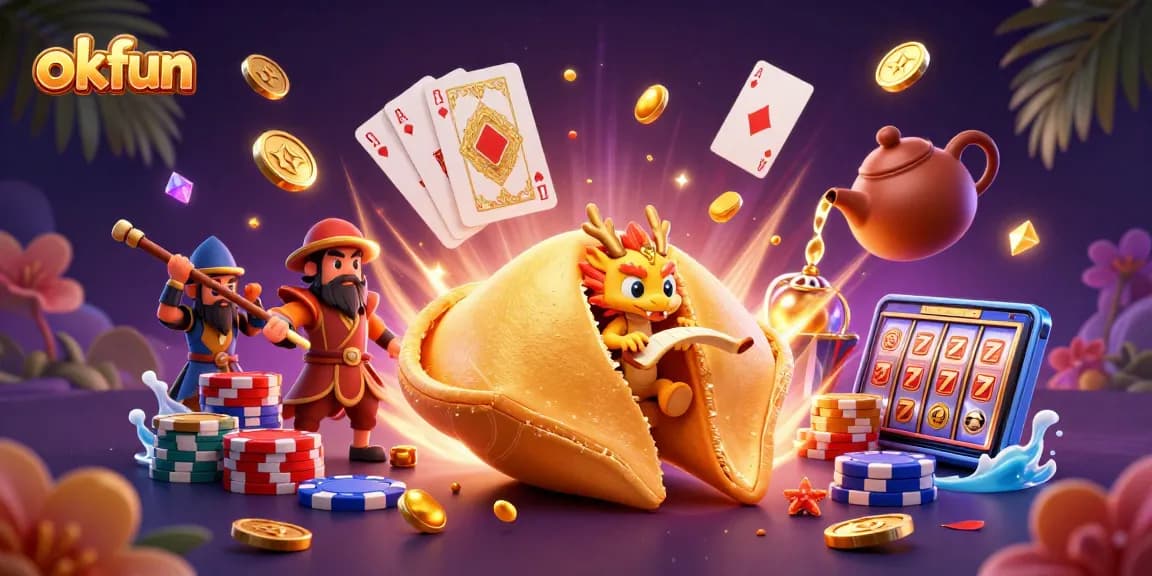 Spin the reels at okfun with a vibrant illustration of fortune cookies and a wise dragon amidst gold coins and casino elements.