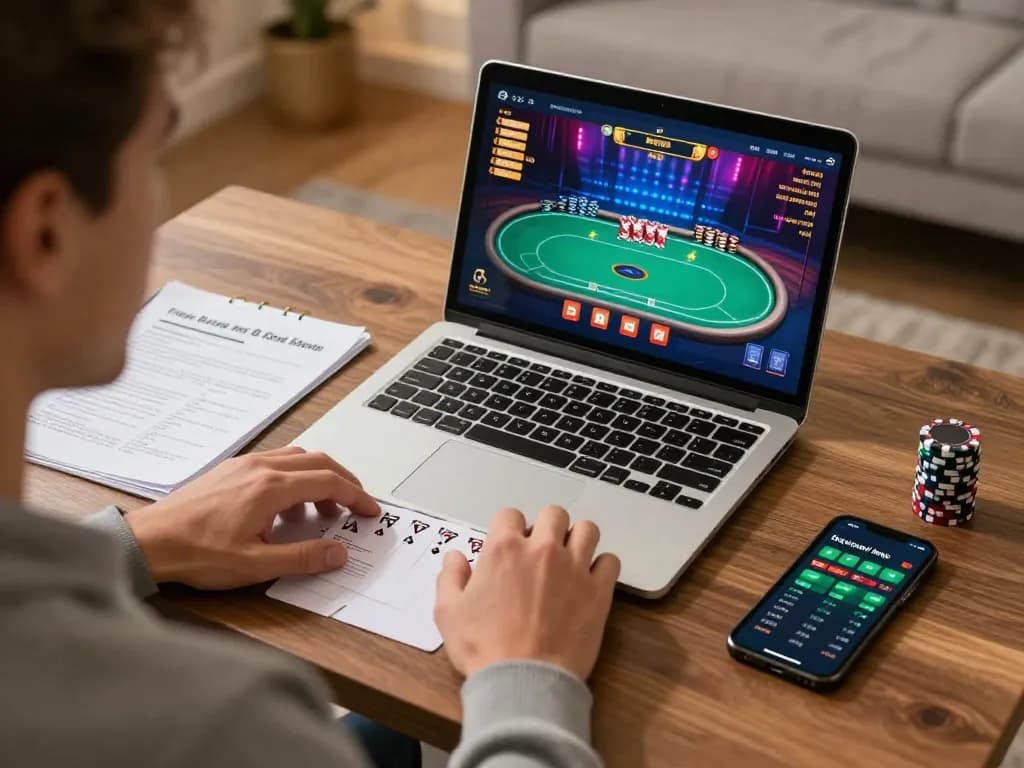 Engaged player strategizing maxpoker88 online poker game in modern home office.