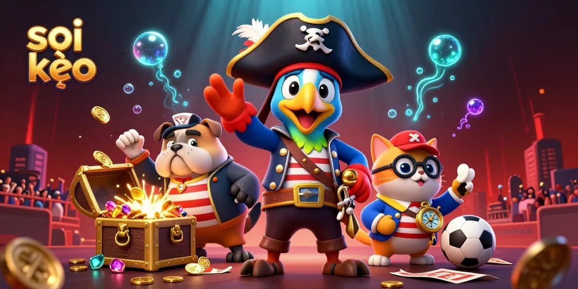 Soi kèo as a pirate-themed sports betting scene featuring characters placing bets amidst treasure.