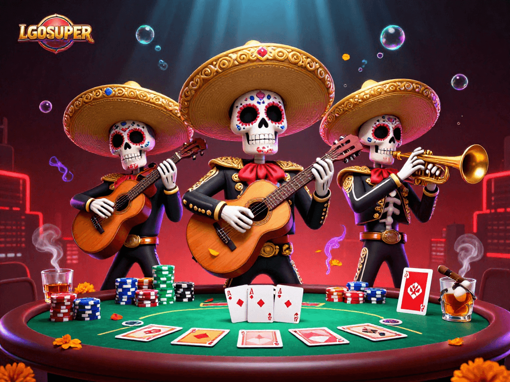 Engage in thrilling gameplay with LGOSUPER’s vibrant 3D illustration showcasing a mariachi band at the poker table.