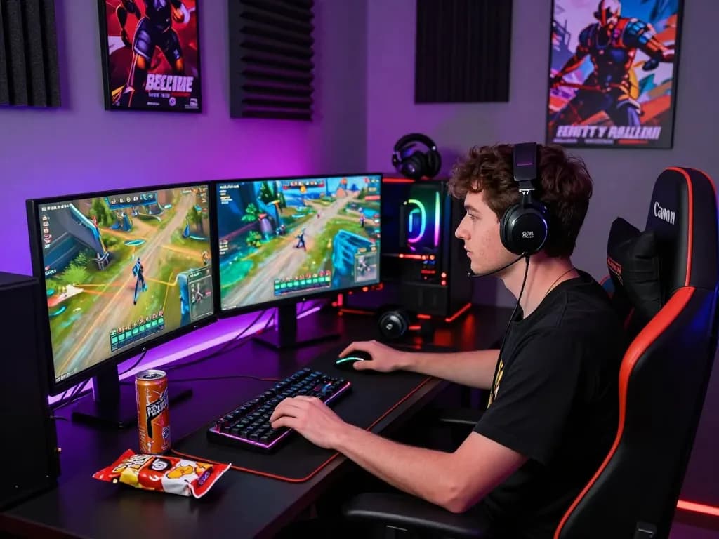 Skilled player engaging in ligasedayu online gaming with vibrant setup and accessories.