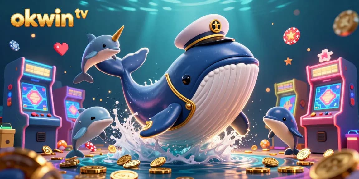 Experience the thrilling action of okwin tv with playful dolphins and a majestic whale in an engaging casino scene.