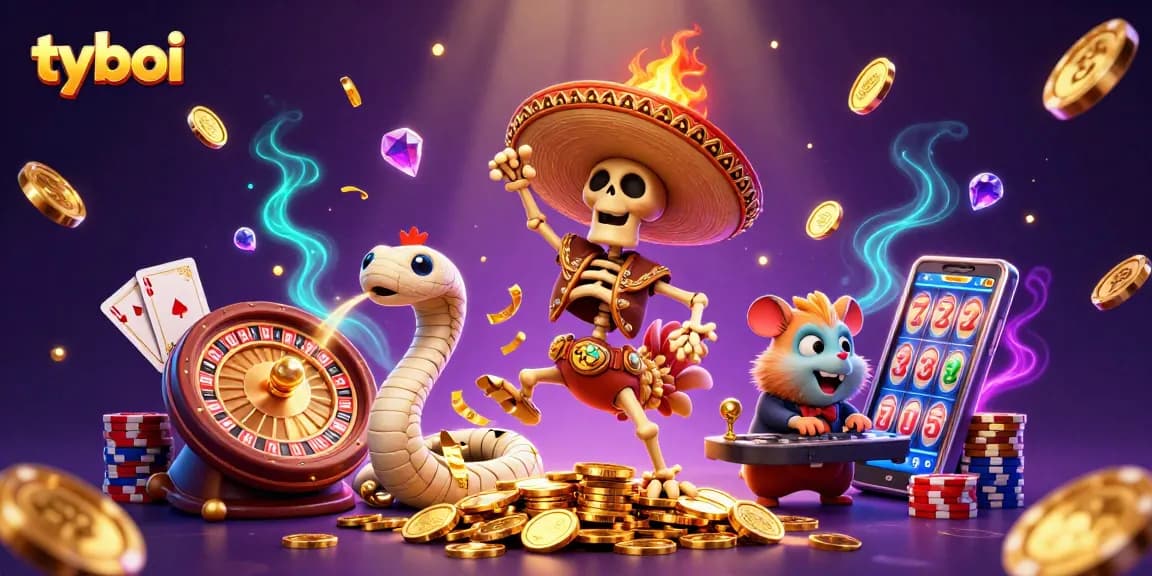 Enjoy a lively scene with tyboi characters celebrating atop golden coins while playing various casino games.