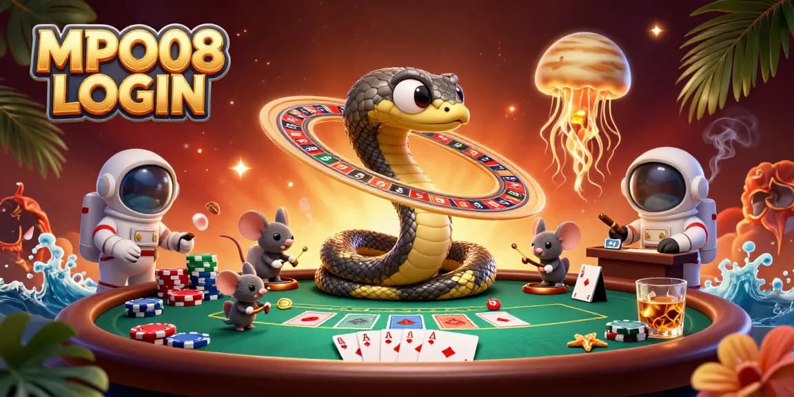 Experience thrilling bets with MPO08 LOGIN at a vibrant cosmic casino scene featuring playful mice and a golden jellyfish dealer.