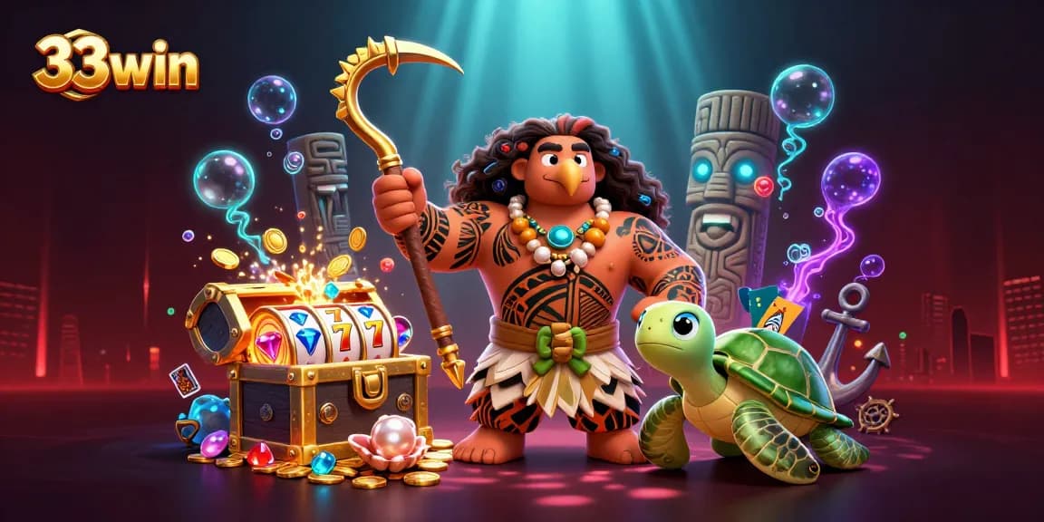 Experience thrilling gaming action with 33win, featuring vibrant characters and dynamic casino elements.
