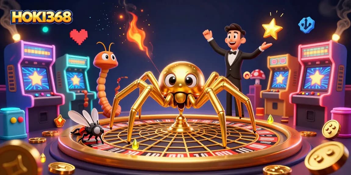 HOKI368 casino excitement unfolds with a golden spider spinning winning roulette bets!