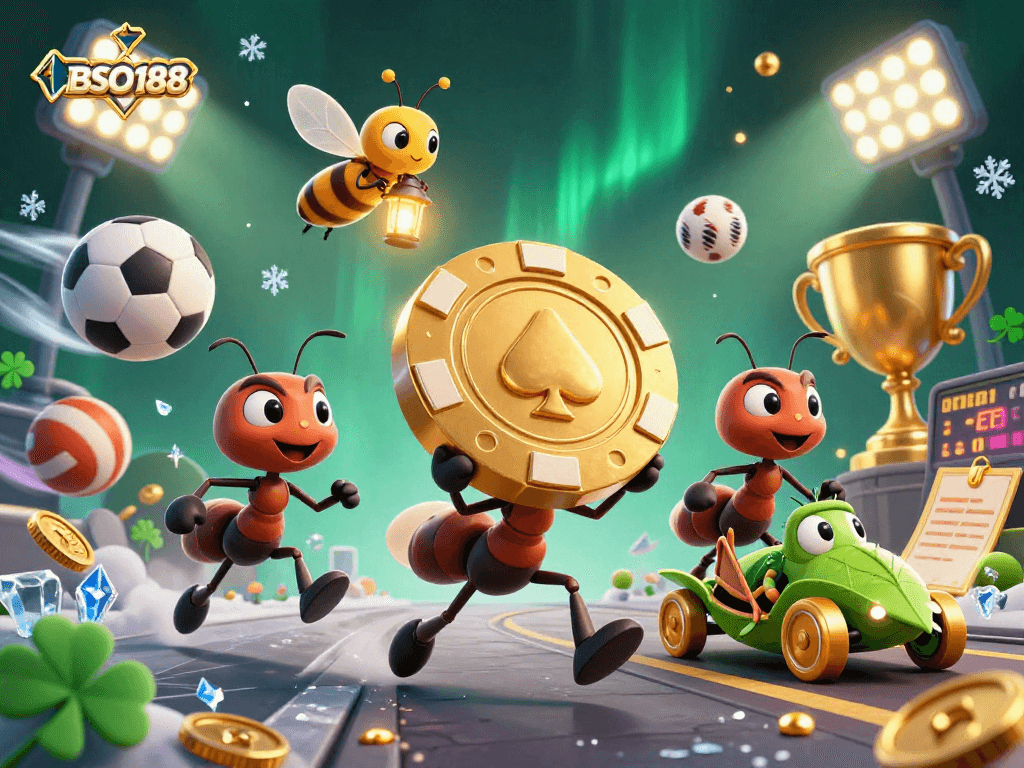 BSO188 showcases a vibrant scene with ants and sports elements in an animated casino heist.