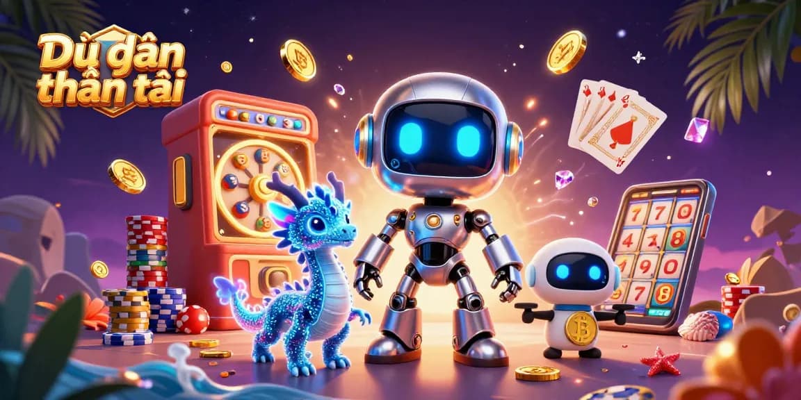 Dự đoán thần tài lottery predictions enriched with dynamic gaming elements, showcasing joyful characters and vibrant casino graphics.