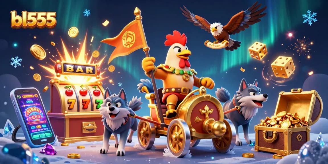 Experience thrilling gameplay at BL555, featuring a dynamic rooster warlord scene with vivid casino elements.