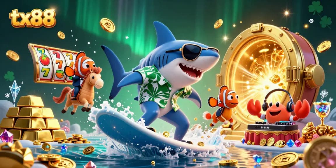 tx88 captures immersive casino action with a shark, seahorse, and DJ crab in a vibrant scene.