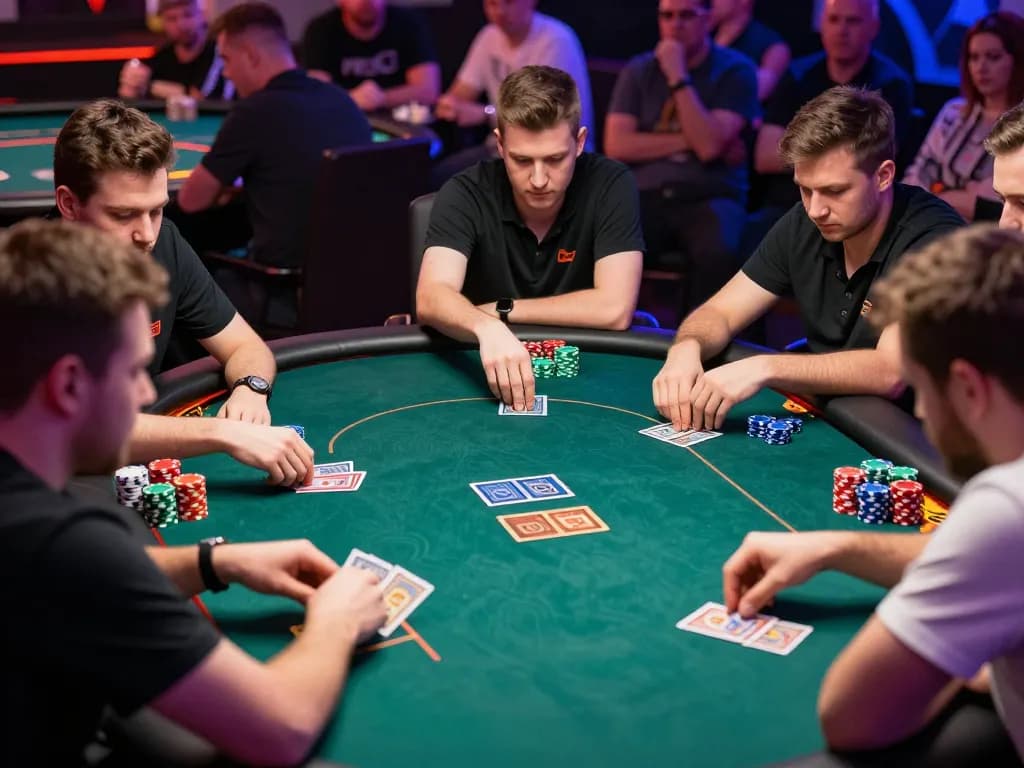 Engaged players strategizing at a thrilling rr88 poker tournament, dynamic chip stacking, and dealer action in focus.