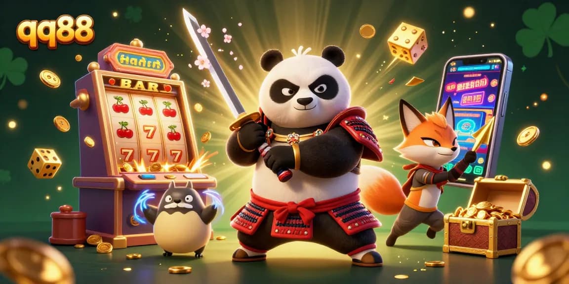 Engage in thrilling qq88 online gaming with samurai panda, ninja fox, and magical tanuki amid slot machines and golden treasure.