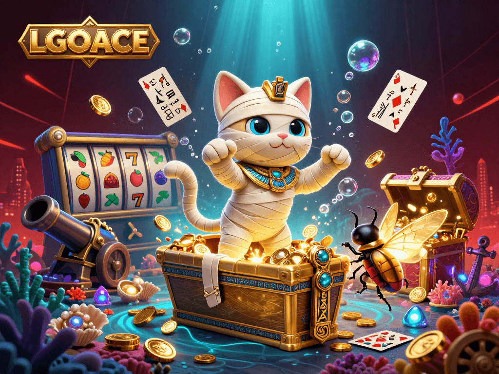 Spin to win at LGOACE's vibrant slot casino scene with a mummy cat emerging victorious among treasures.