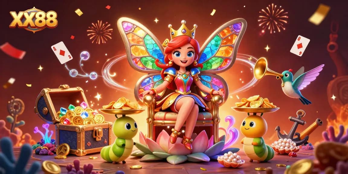 Experience thrilling gameplay with the XX88 butterfly queen and vibrant casino elements.